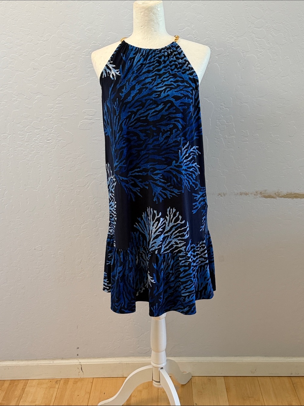 Michael Kors Navy Blue Halter Swing Dress with Coral Print